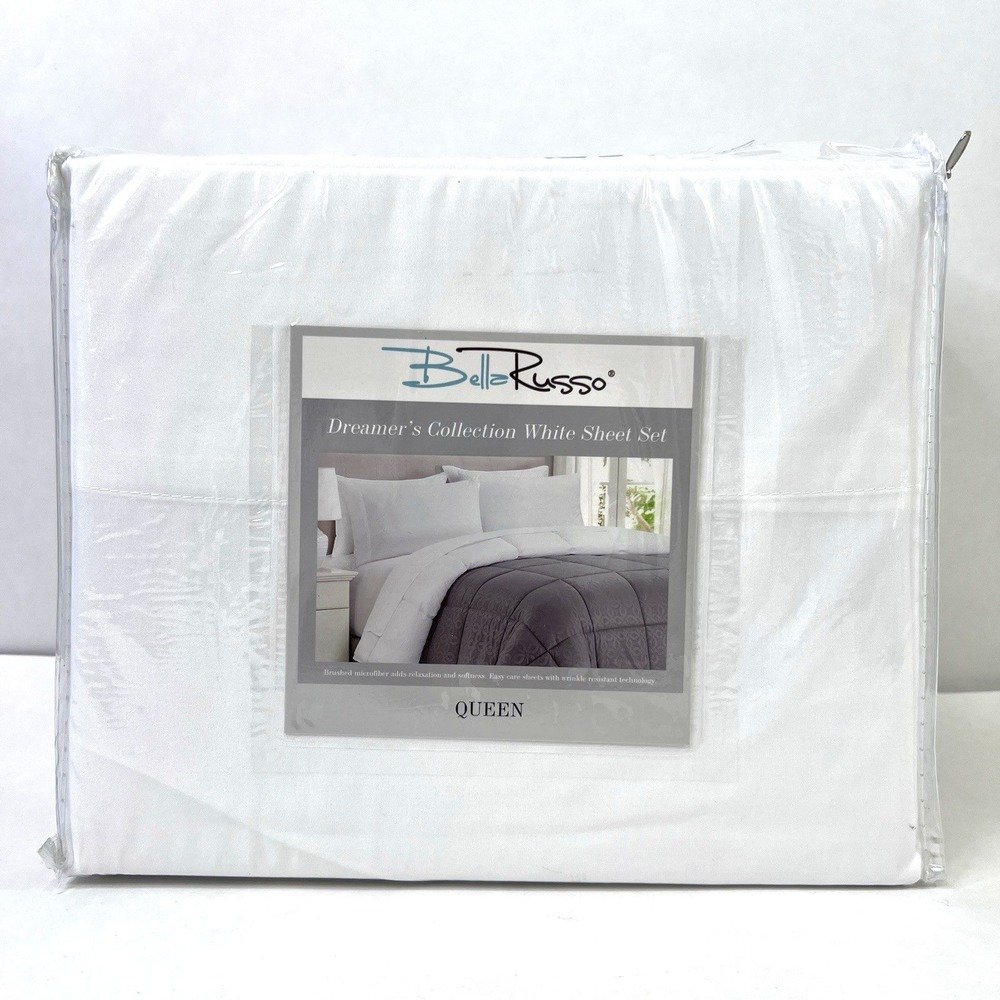 Bella Russo White Microfiber Queen Sheet Set New in Package Flat Fitted 2 Pillow